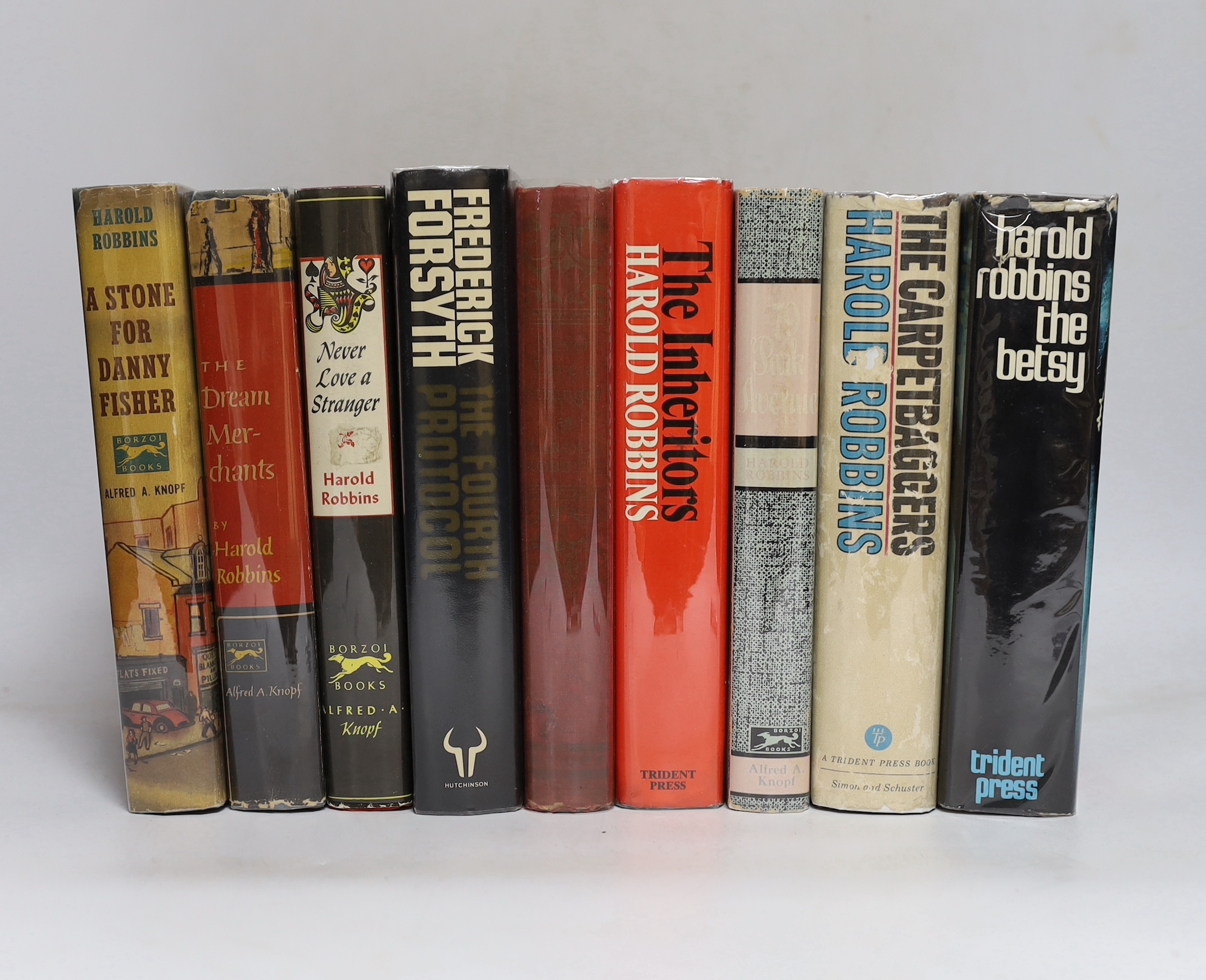 Robbins, Harold - 7 works, all 1st editions, all in d/j’s - Never Love a Stranger, signed , the author’s first novel, 1948; The Dream Merchant, signed and inscribed, 1949; A Stone for Danny Fisher, signed, 1952; 79 Park